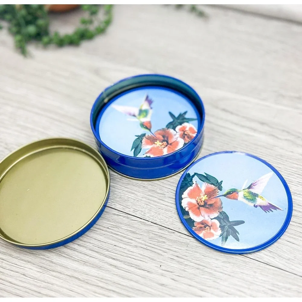 Vintage Hummingbird Coaster Tin, Set of 4 Coasters‎ Metal and Cork